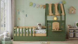 Btm 3Ft Single Wooden Bed 90X190Cm For Children, House-Shaped Frame With Window, 2 Storage Drawers, Green & Natural - thumbnail 8