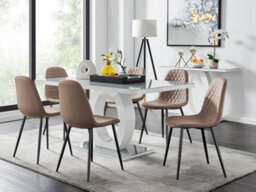Furniturebox Giovani Rectangular 6 Seat White High Gloss Unique Halo Dining Table Grey Glass Top 6 Beige Faux Leather Black Leg Corona Chairs