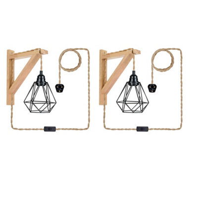 " Vintage Wall Light, 2 Pack Wooden Wall Light Sconce Indoor Light With Plug-In And Long Hemp Rope Cable Wall Light Fixtures E27" - image 1