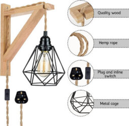 " Vintage Wall Light, 2 Pack Wooden Wall Light Sconce Indoor Light With Plug-In And Long Hemp Rope Cable Wall Light Fixtures E27" - thumbnail 6