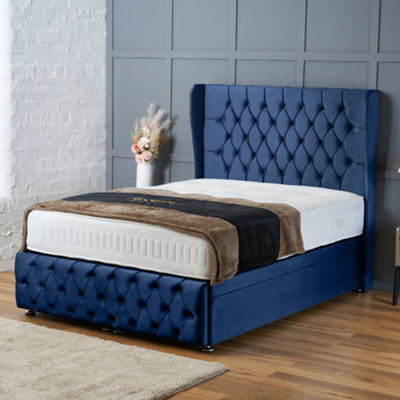 Bsspoke Blue Plush Ottoman Divan Bed With Orthopaedic Mattress 54Inch Headboard & Footboard End Lift Up Storage In All Sizes - image 1