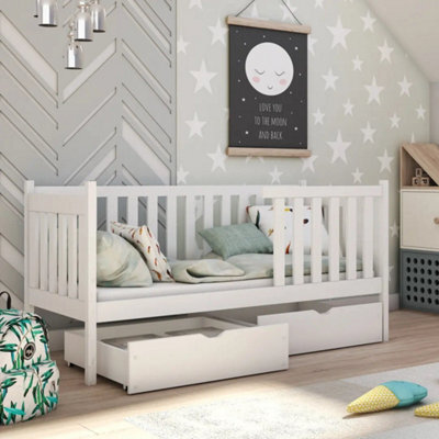 Arte White Wooden Single Bed With Storage 90X190Cm - Safe Guardrail & Double Drawers