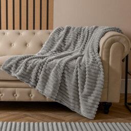 OHS Faux Fur Ribbed Fleece Throw Over Bed Blanket Supersoft, Grey - 125 X 150Cm - thumbnail 1