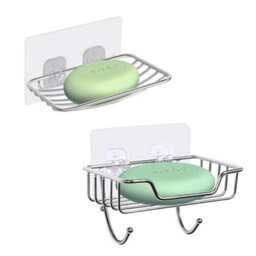 2 Packs Soap Dish W/ Hooks Soap Dish Wall Mounted Soap Holder Stainless Steel Rack Bathroom Self-Adhesive - thumbnail 6