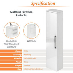 Plum&clay Novela Gloss White Wall Mounted Bathroom Tall Storage Cabinet Unit Bathroom Furniture - thumbnail 4