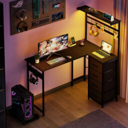 Levede L-Shaped Gaming Desk Office Computer Table Power Socket Led Drawers - thumbnail 1