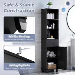 Costway 172 Cm Tall Bathroom Cabinet Freestanding Narrow Cabinet-Black - thumbnail 7