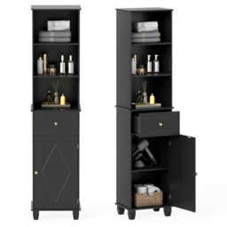 Costway 172 Cm Tall Bathroom Cabinet Freestanding Narrow Cabinet-Black
