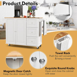 Costway Kitchen Island Cart Mobile Kitchen Island Drop-Leaf Top Rolling Storag Trolley W/ Spice & Towel Rack, White - thumbnail 9