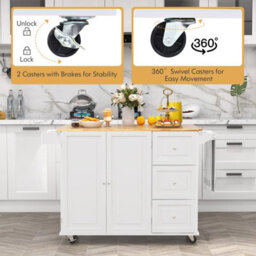 Costway Kitchen Island Cart Mobile Kitchen Island Drop-Leaf Top Rolling Storag Trolley W/ Spice & Towel Rack, White - thumbnail 7
