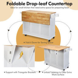 Costway Kitchen Island Cart Mobile Kitchen Island Drop-Leaf Top Rolling Storag Trolley W/ Spice & Towel Rack, White - thumbnail 6