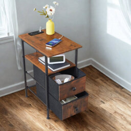 Pirlo Plush Industrial Nightstand Side End Table With Charging Station And Drawers - thumbnail 2