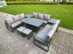 Fimous U-Shaped Garden Furniture Set 11-Seater Aluminium With Adjustable Rising Lifting Dining Table 2 Side Tables Dark Grey - thumbnail 2