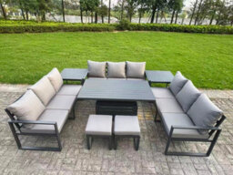 Fimous U-Shaped Garden Furniture Set 11-Seater Aluminium With Adjustable Rising Lifting Dining Table 2 Side Tables Dark Grey - thumbnail 1