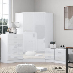 Reflect 2 Door Corner Wardrobe, 5 Drawer Chest, 2X 2 Drawer Bedsides - White Gloss & Matt White - Bedroom Furniture Set - thumbnail 1