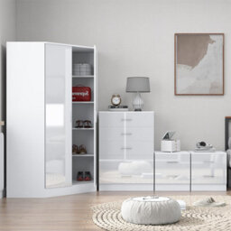 Reflect 2 Door Corner Wardrobe, 5 Drawer Chest, 2X 2 Drawer Bedsides - White Gloss & Matt White - Bedroom Furniture Set - thumbnail 4