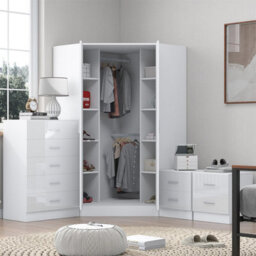 Reflect 2 Door Corner Wardrobe, 5 Drawer Chest, 2X 2 Drawer Bedsides - White Gloss & Matt White - Bedroom Furniture Set - thumbnail 2