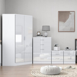 Reflect 2 Door Corner Wardrobe, 5 Drawer Chest, 2X 2 Drawer Bedsides - White Gloss & Matt White - Bedroom Furniture Set - thumbnail 3