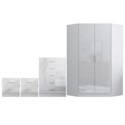 Reflect 2 Door Corner Wardrobe, 5 Drawer Chest, 2X 2 Drawer Bedsides - White Gloss & Matt White - Bedroom Furniture Set - thumbnail 6