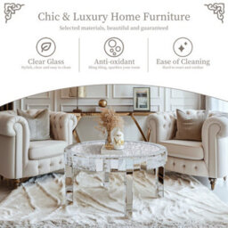 Artloge 80Cm Round Coffee Table Mirrored Glass Large Silver Mirror Center Tables, Glitter Crushed Crystal Diamonds - thumbnail 8