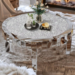Artloge 80Cm Round Coffee Table Mirrored Glass Large Silver Mirror Center Tables, Glitter Crushed Crystal Diamonds