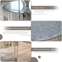 Artloge 80Cm Round Coffee Table Mirrored Glass Large Silver Mirror Center Tables, Glitter Crushed Crystal Diamonds - thumbnail 3