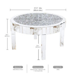 Artloge 80Cm Round Coffee Table Mirrored Glass Large Silver Mirror Center Tables, Glitter Crushed Crystal Diamonds - thumbnail 2