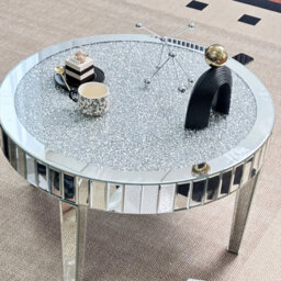 Artloge 80Cm Round Coffee Table Mirrored Glass Large Silver Mirror Center Tables, Glitter Crushed Crystal Diamonds - thumbnail 5