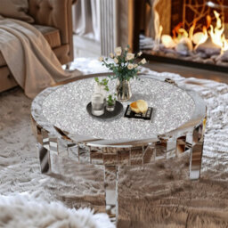 Artloge 80Cm Round Coffee Table Mirrored Glass Large Silver Mirror Center Tables, Glitter Crushed Crystal Diamonds - thumbnail 4