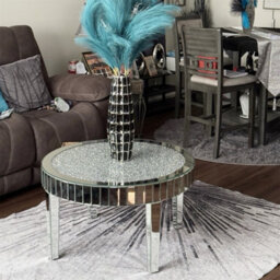 Artloge 80Cm Round Coffee Table Mirrored Glass Large Silver Mirror Center Tables, Glitter Crushed Crystal Diamonds - thumbnail 7