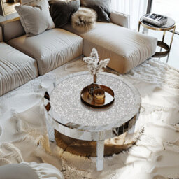 Artloge 80Cm Round Coffee Table Mirrored Glass Large Silver Mirror Center Tables, Glitter Crushed Crystal Diamonds - thumbnail 6