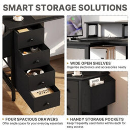 Black 140Cm L-Shaped Home Office Desk With Charging Station, Drawers, Monitor Stand - thumbnail 5