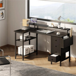 Black 140Cm L-Shaped Home Office Desk With Charging Station, Drawers, Monitor Stand - thumbnail 6