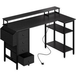 Black 140Cm L-Shaped Home Office Desk With Charging Station, Drawers, Monitor Stand - thumbnail 1