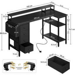 Black 140Cm L-Shaped Home Office Desk With Charging Station, Drawers, Monitor Stand - thumbnail 2