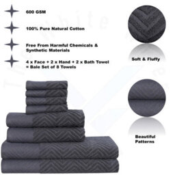 TheWhiteWater Limited 8 Pieces Towel Set With 4 Face Towel 2 Hand Towels And 2 Bath 100% Pure Natural Cotton Bale Set Of Towels - Charcoal (Zig Zag) - thumbnail 3