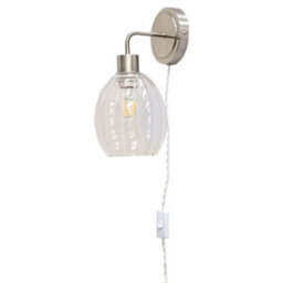 First Choice Lighting Toby - Satin Nickel Plug In Wall Light With Birch Fluted Glass Shade - thumbnail 1