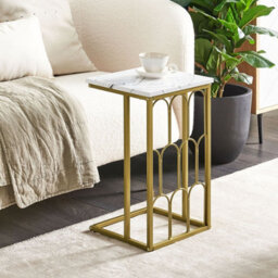 Beliani Luxe Living Side Table White Marble-Effect Mdf Top Gold Iron Frame 30X30X54 Cm - thumbnail 2