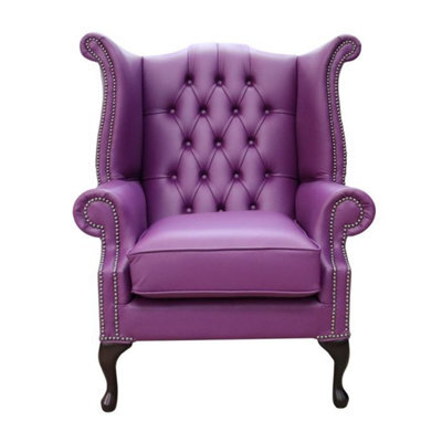 Chesterfield High Back Wing Chair Shelly Wineberry Purple Real Leather Bespoke In Queen Anne Style - image 1