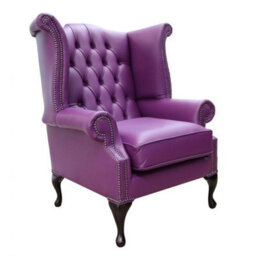 Chesterfield High Back Wing Chair Shelly Wineberry Purple Real Leather Bespoke In Queen Anne Style - thumbnail 3