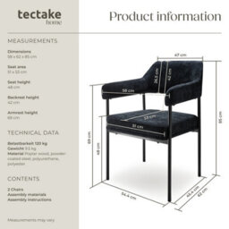 Tectake Set Of 2 Armchair Doé - Durable Fabric, Black Powder-Coated Legs, 120 Kg Load, 58 X 62 X 85 Cm  - Woven Fabric Black/black - thumbnail 6
