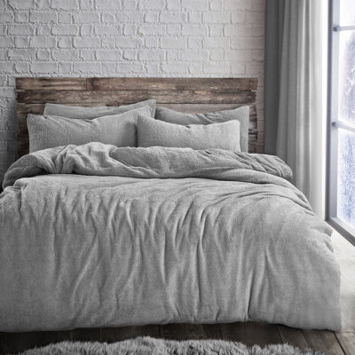 Velosso Teddy Fleece Duvet Cover & Pillowcase Set - Button Enclosure, Machine Washable Bedroom Essentials - Sterling Grey