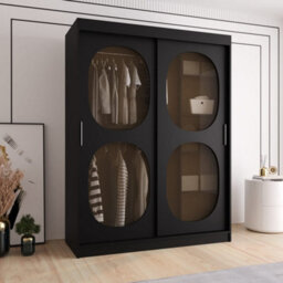 Arte Bahrain Ii Black Sliding Door Wardrobe 150Cm - Smoked Glass, Sleek Storage - thumbnail 1