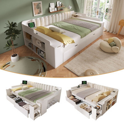 Merax 3Ft Single Daybed 90 X 190 Cm With 2 Drawers, Mobile Book Cart, Storage, Usb & Type-C Charging, Sofa Bed, White - image 1