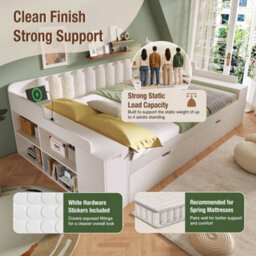 Merax 3Ft Single Daybed 90 X 190 Cm With 2 Drawers, Mobile Book Cart,  Storage, Usb & Type-C Charging, Sofa Bed, White - thumbnail 8