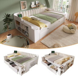 Merax 3Ft Single Daybed 90 X 190 Cm With 2 Drawers, Mobile Book Cart,  Storage, Usb & Type-C Charging, Sofa Bed, White - thumbnail 1