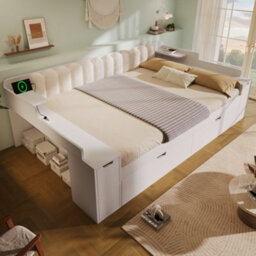 Merax 3Ft Single Daybed 90 X 190 Cm With 2 Drawers, Mobile Book Cart,  Storage, Usb & Type-C Charging, Sofa Bed, White - thumbnail 2