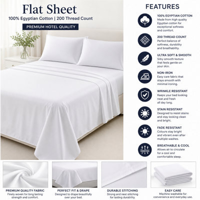 Egyptian Cotton Flat Sheet 200 Thread Count Premium Hotel Quality Soft Bedding Non-Iron Wrinkle Resistant Top Sheet - image 1