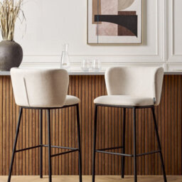 Wyld And Coco Set Of 2 Bar Chairs, Off-White Polyester Upholstery, Curved Backrest, Built-In Footrest - thumbnail 2
