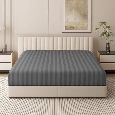 Oxford Homeware Grey Satin Stripe Fitted Sheet 40Cm Extra Deep Pocket Soft Easy Care Bedding Sheet (W)152Cmx(L)200Cm (King) - image 1